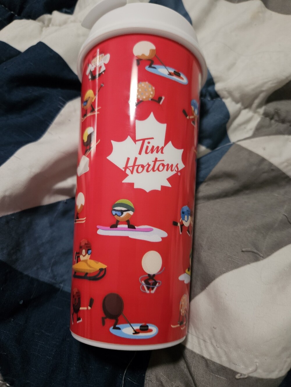 NWT Tim Hortons Red Travel Tumbler with Winter Olympics Graphics